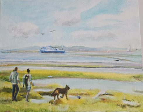 One of a kind Original oil painting, couple walking dog by the sea