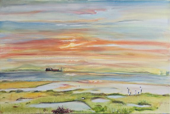 Oil on Linen canvas, Sunset over Morecambe Bay, atmospheric