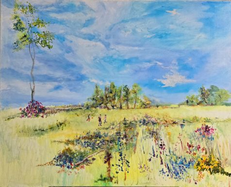 Original one of a kind oil on linen canvas painting of Springtime ball games in the park