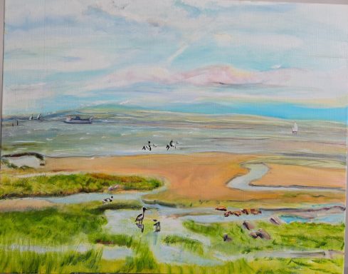 Original singular oil on linen canvas painting of Morecambe Bay, tide, coastal birds 