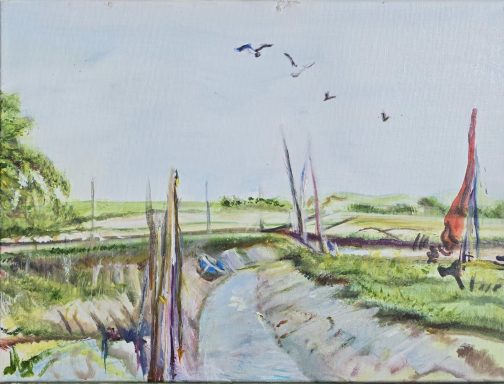 One of a kind original oil on canvas painting of Skippool Creek, mudflats and timeworn boats